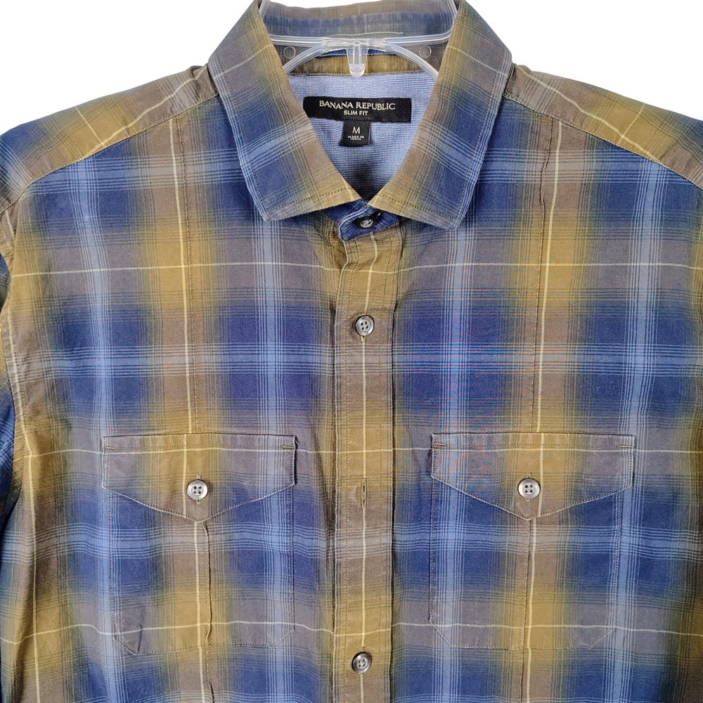 Banana Republic Mens M Slim Fit Plaid Button‎ Down Shirt Olive Blue Gorpcore